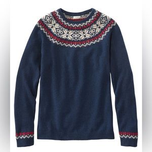 LL Bean Classic Cashmere Sweater Crewneck Fair Isle Navy Blue Large